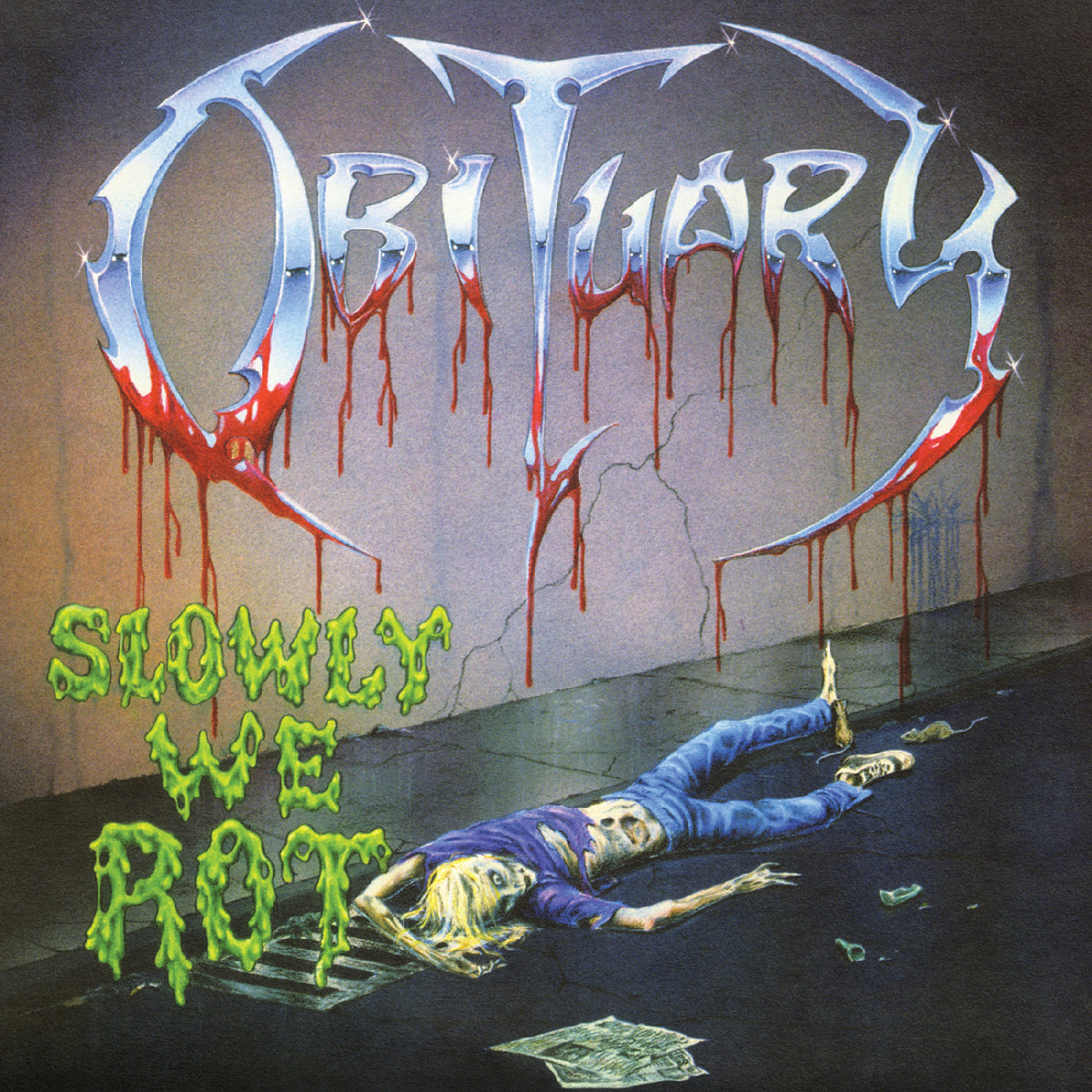 Obituary – Slowly We Rot  Vinyl, LP, Album, Réédition, Remasterisé, Blue Corpse With Blood Splatter