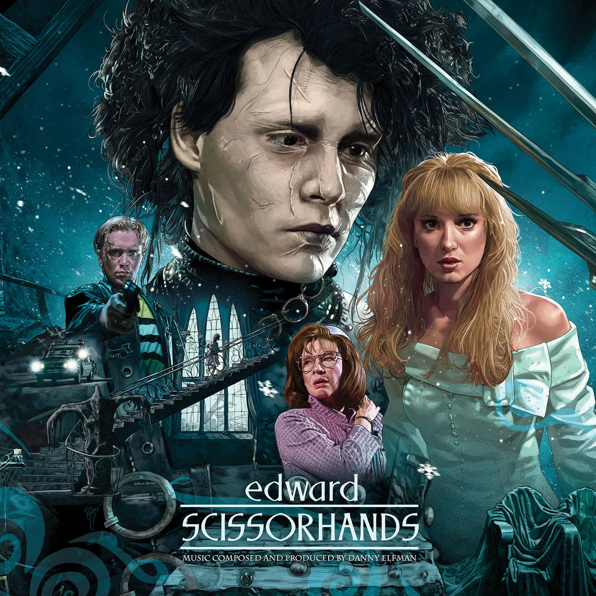 Danny Elfman – Edward Scissorhands, Vinyle, LP, Album, Édition Deluxe, Réédition, Stéréo, Bleu glacier / Blanc neige tourbillonné / Éclaboussures violettes [Snow Dance]