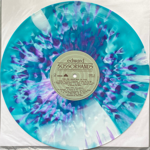 Danny Elfman – Edward Scissorhands, Vinyle, LP, Album, Édition Deluxe, Réédition, Stéréo, Bleu glacier / Blanc neige tourbillonné / Éclaboussures violettes [Snow Dance]