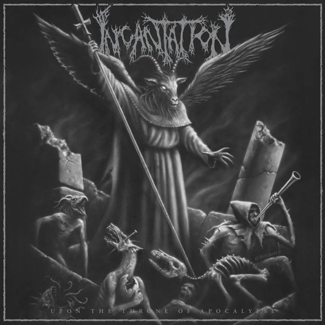 Incantation – Upon The Throne Of Apocalypse  Vinyle, LP, Album, Réédition, Remasterisé, Black Ice With Metallic Silver And White Splatter